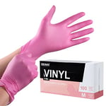 OKIAAS Pink Gloves M|Latex-Free Vinyl Gloves for Household, Food Handling, Lab Work and More|Medium,100 Counts/Box