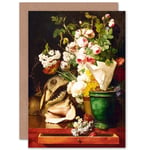 Painting Still Life Berjon Flowers Shells Shark Head Greetings Card Plus Envelope Blank inside