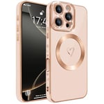 HZLFCZL Magnétique Coque pour iPhone 16 Pro, Compatible avec MagSafe, Protection complète de l'objectif de l'appareil Photo,Luxe cœur Soft TPU Phone Case for iPhone 16 Pro-Rose