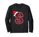 Letter S Initial Name Plaid Santa Hat Christmas Long Sleeve T-Shirt