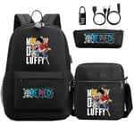 3 st/set One Piece Anime skolryggsäck Oxford Usb-väska med budväska och pennfodral