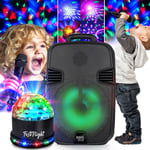Enceinte DJ Mobile KARAOKE ENFANT sur batterie 100W, Boomers 20cm à LED RVB, USB Bluetooth, Micro - Jeu de lumière en Cadeau
