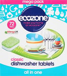 Ecozone Classic All-In-One Dishwasher Tablets, Effective Cleaning Formula Cuts Through Grease & Grime, Natural Vegan & Non Toxic Tabs, Plant Based Plastic-Free, Leaves No Residue (Box of 72 Capsules)