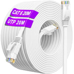 Ethernet Cable 20m, Cat 6 High Speed Internet Cable 20m Flat Network Cable, Long RJ45 LAN Cable 20 meter 250MHz 1000Mbps, UTP Gigabit White Broadband Patch Cable for Router Modem Switch PC (20 Clips)