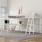 Lits superposés 90×200cm,lit double avec cadre en métal,avec table sous le lit,avec garde - corps haut,deux échelles, Blanc