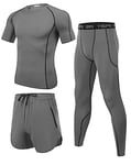 Wayleb Ensemble Compression Homme Tenue Sport Fitness Maillot Serré Tee Shirt Compression Legging Pantalon Jogging Vêtement Running 3 Pièces,XX-Large+Gris