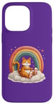 Coque pour iPhone 14 Pro Max Chat orange assis sur un motif arc-en-ciel mignon pour filles