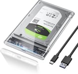 Boitier Disque dur 2,5"", 6Gbps USB C 3.1 Gen 2 Boitier Externe Disque pour SATA HDD et SSD de 2,5'' et 7/9.5mm, Boitier SSD accélération UASP&TRIM, sans Outils, Câble USB C Inclus-Transparent