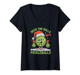 Womens Deck The Halls With Pickleballs Christmas Santa V-Neck T-Shirt