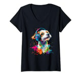 Womens Artistic Colorful Jack Russell Terrier Headphones Dog Jacky V-Neck T-Shirt