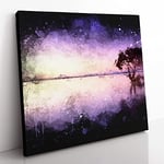 Tree Alone During a Purple Sunset Paint Splash Modern Canvas Wall Art Print Ready to Hang, Framed Picture for Living Room Bedroom Home Office Décor, 50x50 cm (20x20 Inch)