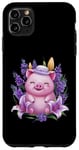 Coque pour iPhone 11 Pro Max Cochon en style dessin animé kawaii avec lavande et lys