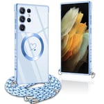 Pnakqil Coque Magnétique pour Samsung Galaxy S21 Ultra 5G Con Cordon, Compatible avec MagSafe, Silicone Housse avec Motif Coeur d'amour Réglable Collier Lanyard, pour Samsung S21 Ultra 5G, Bleu