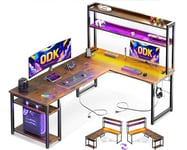 ODK Bureau Gaming avec LED, Bureau avec Étagère Réversible, Bureau en L avec Prises et Ports USB, Bureau Gaming Brun Vintage avec Compartiments et Rangement, 150×120 cm