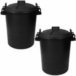 2 x 80L Plastic Black Bin Clip Lock Lid Kitchen Garden Rubbish Waste Dustbin