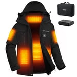 Veste Chauffante Femme avec Batterie 12000mAh, Électrique Vestes de Ski en Polaire Imperméable & Coupe-vent avec 6 Zones de Chaleur, Manteau Chauffant Capuche pour Extérieur Hiver