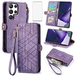 Asuwish Phone Case for Samsung Galaxy S22 Ultra 5G Wallet Cover with Tempered Glass Screen Protector Flip Zipper Card Holder Stand Cell Accessories S22ultra 22S S 22 S22ultra5g 6.8 Women Men Purple