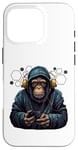 Coque pour iPhone 16 Pro DJ rave à capuche gorille avec casque gamer professionnel