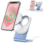 Chargeur Mag Safe BHHB Chargeur sans Fil Chargeur mag-Safe avec Support pour iPhone 16/15/14/13/12/Xs/X/Xr/8 Série et Air Pods 4/3/2/Pro (Bleu)