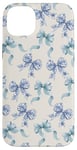 Coque pour iPhone 14 Plus Charmant ruban en toile bleue et blanche avec nœuds en forme de fleur