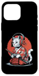 Coque pour iPhone 16 Pro Max Japon Kawaii Cat Samurai Casque Casque Manette de Jeu Vidéo