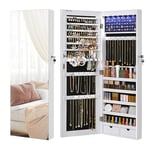 SONGMICS Armoire à Bijoux avec Miroir Long, Rangement Bijoux avec 6 Lampes LED, à Suspendre à la Porte ou à Fixer au Mur, Grande Capacité, 2 Tiroirs, Blanc JJC99WT