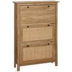 HOMCOM Meuble à Chaussures étagère à Chaussures Armoire 3 Portes abattants Effet cannage rotin - en Bois dim. 80L x 23,5L x 121,5H cm Bois Naturel