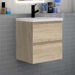 Meuble de salle de bain avec lavabo, 50 cm, 2 tiroirs avec fermeture amortie, meuble suspendu chêne