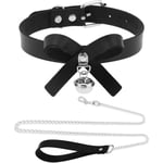 Gotisk dragkedja läder choker halsband för män kvinnor nattklubb halsband aluminium kedjor koppel med PU handtag set svart+fjärilsklocka