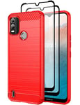 Teayoha Case for Nokia C21 Plus,with Tempered Glass Screen Protector [2 Pack], Carbon Fiber Scratch Resistant, Shock Absorption Soft TPU Drawing Protective Cases Phone Cover - Red