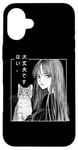 iPhone 16 Plus 80's Manga Anime Art Goth Cat Sad Girl Aesthetic Kanji Art Case