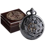 ManChDa Montre de Poche Lucky Dragon & Phoenix Vintage mécanique Steampunk Squelette Chiffres Romains Montre Gousset Noire avec chaîne pour Homme et Femme, 1-b Boîtier en Bois Noir + Marron foncé,