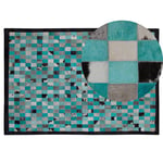 Tapis Rectangulaire Bleu Turquoise et Gris en Cuir Patchwork Motif à Damier pou