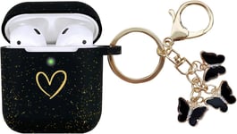 Compatible avec Coque AirPods 2 & 1, Coque en Silicone Souple avec Motif C?ur Doré pour AirPods 2ème Génération et Airpods 1ère Génération (Noir à Paillettes)