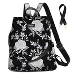 Fmeida Sac à Dos Sac a Main Femme Anti-vol Sac Cabaia Mini Imperméable Sac de Voyage en Nylon Sac Cabas 2 en 1 Sacs à Main Portés Épaule pour Fille École Collèges (Fleurs Blanches sur Noir)