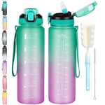 CodiCile 1L Water Bottle with Straw,Water Bottle Dishwasher Safe,Leak-proof Sports Drinks Bottle with Time Maker & Bottle Brush,Non-Toxic for Running,cycling, Gym, School & Office,Green Purple