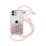 Coque iPhone 11 Dos Pailleté Avec Lanière Amovible - Dégradé rose