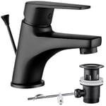 Robinet avec Tirette et Bonde, CECIPA Robinet Salle Bain Noir Simple, Mitigeur Lavabo Noir, Hauteur du Bec 57mm, Mitigeur Salle de Bain en Laiton, Robinet Lavabo Salle de Bain Design Classique