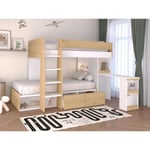 Vente-unique Lits superposés 2 x 90 x 190 cm avec bureau et rangements - Coloris : Naturel et blanc + Matelas - LOMIDEN