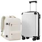 COOLIFE Cabin Suitcase 55X35X20cm and Cabin Backpack 20L(40X25X20cm) Set for Ryanair Airlines Carry on Hand Cabin Luggage Travel Bag Hard Shell Suitcase with TSA Lock (White, 55 x 35 x 20cm -Set 2pcs)