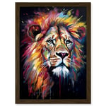Artery8 Lion Head Oil Painting Rainbow Colour Mane Hair Vibrant Portrait Artwork Framed A3 Wall Art Print