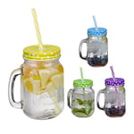 Relaxdays Jarres avec Paille et Couvercle, en Lot de 4, Volume : 500 ML, Design rétro, Verre avec Anse, Multicolore