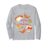 Tacos Tequila Skull Lime Fiesta Mexican Retro Art Design Long Sleeve T-Shirt