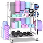 Mythinglogic Support de Yoga, Support Haltères Multifonctionnel pour Kettlebells, Rouleau en Mousse, Yoga Rack Avec Crochets et Roues, Étagère pour la Gym pour Sangle de Yoga et Bandes de Résistance