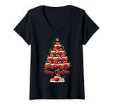 Womens Apple Fruit Xmas Lighting Santa Apple Christmas Tree V-Neck T-Shirt