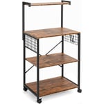 Etagere de Cuisine Style Industriel, Meuble de Rangement a 4 Niveaux avec roulettes Pivoitantes, Crochets, Support de Four a Micro-Ondes pour