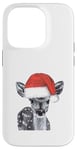 Coque pour iPhone 14 Pro Dessin d'esquisse de faon mignon portant un chapeau de Père Noël