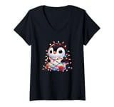 Womens Christmas Penguin with Light Strings Clumsy Cute Entangled V-Neck T-Shirt