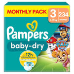 Pampers Baby-Dry Paw Patrol Edition Size 3, 234 Nappies, 6kg - 10kg, Monthly Pack, with A Stop & Protect Pocket to Help Prevent Leaks at The Back (Package may vary)