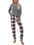 Ekouaer Pyjamas Femme Ensemble Pyjama Femme à Manches Longues Coton Pyjamas Femme Top à col Rond Pantalon à Carreaux 2 Pièces Hiver